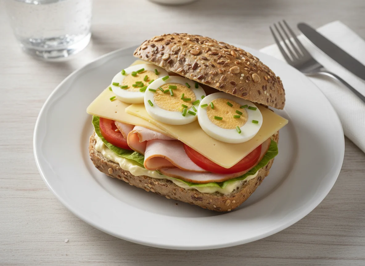 Belegtes Mehrkornbrötchen mit Putenbrust, Käse und Ei photo
