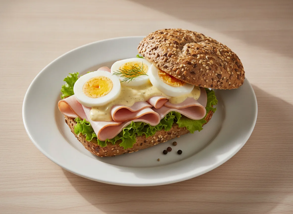 Belegtes Mehrkornbrötchen mit Putenbrust und Ei photo