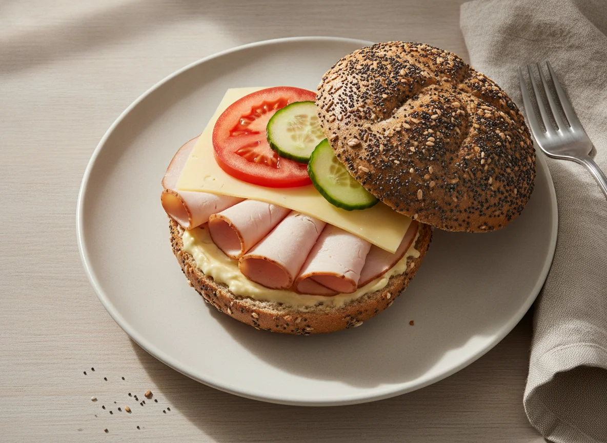 Belegtes Mehrkornbrötchen mit Putenbrust und Käse photo