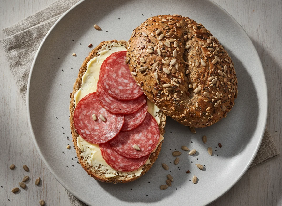 Belegtes Mehrkornbrötchen mit Salami photo