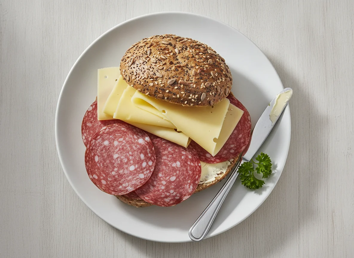 Belegtes Mehrkornbrötchen mit Salami und Käse photo