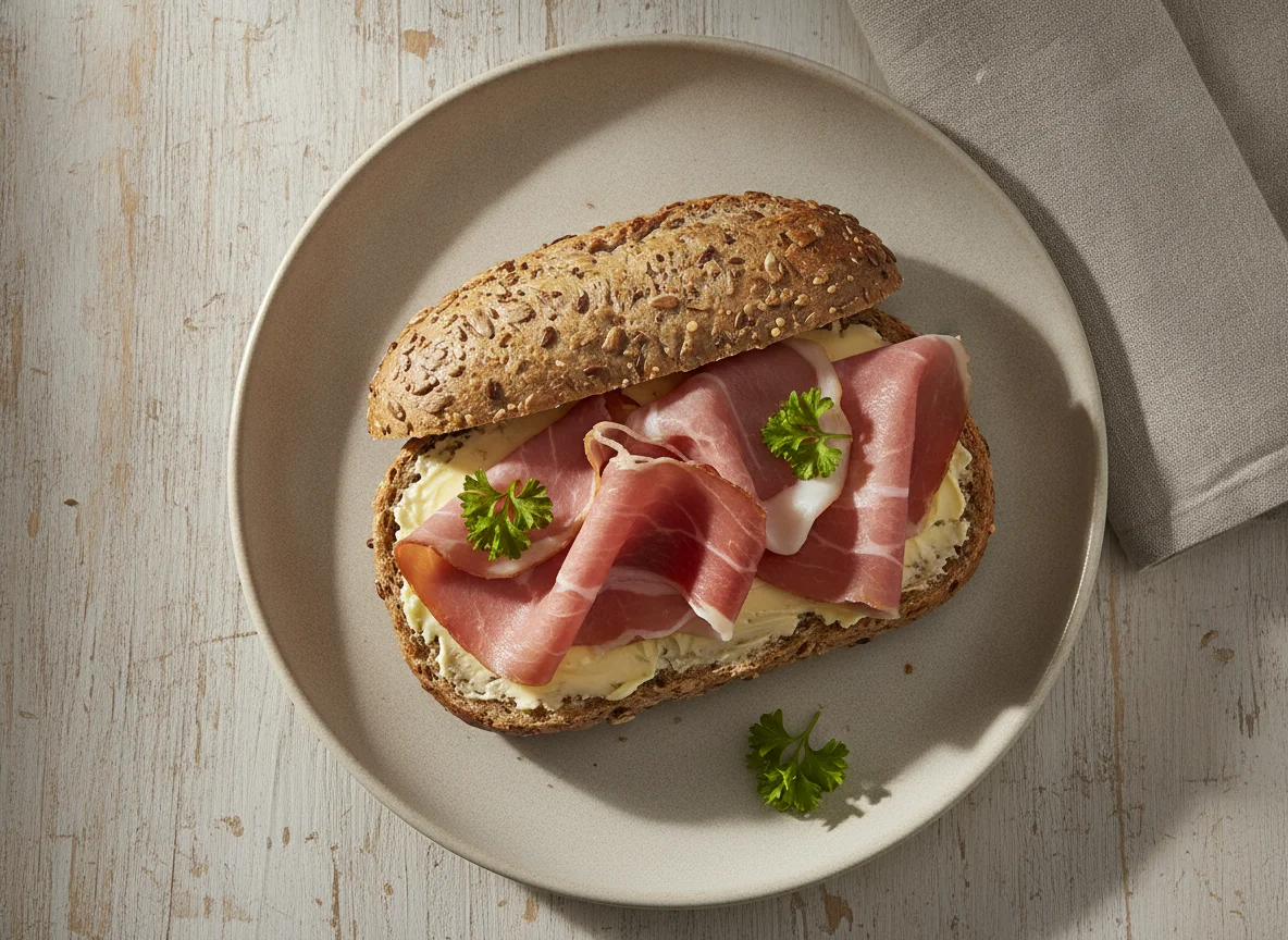 Belegtes Mehrkornbrötchen mit Schinken photo