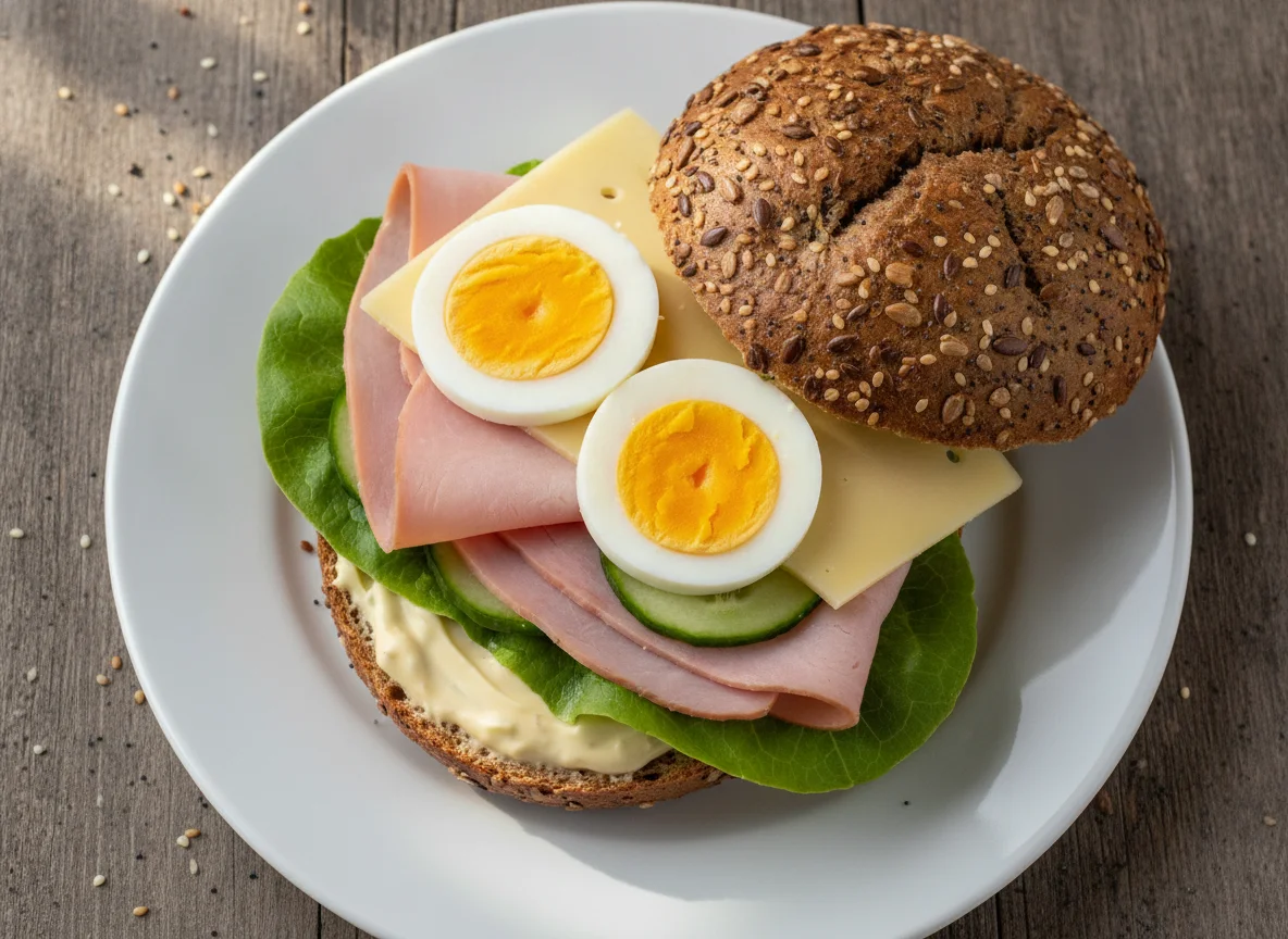 Belegtes Mehrkornbrötchen mit Schinken, Käse und Ei photo