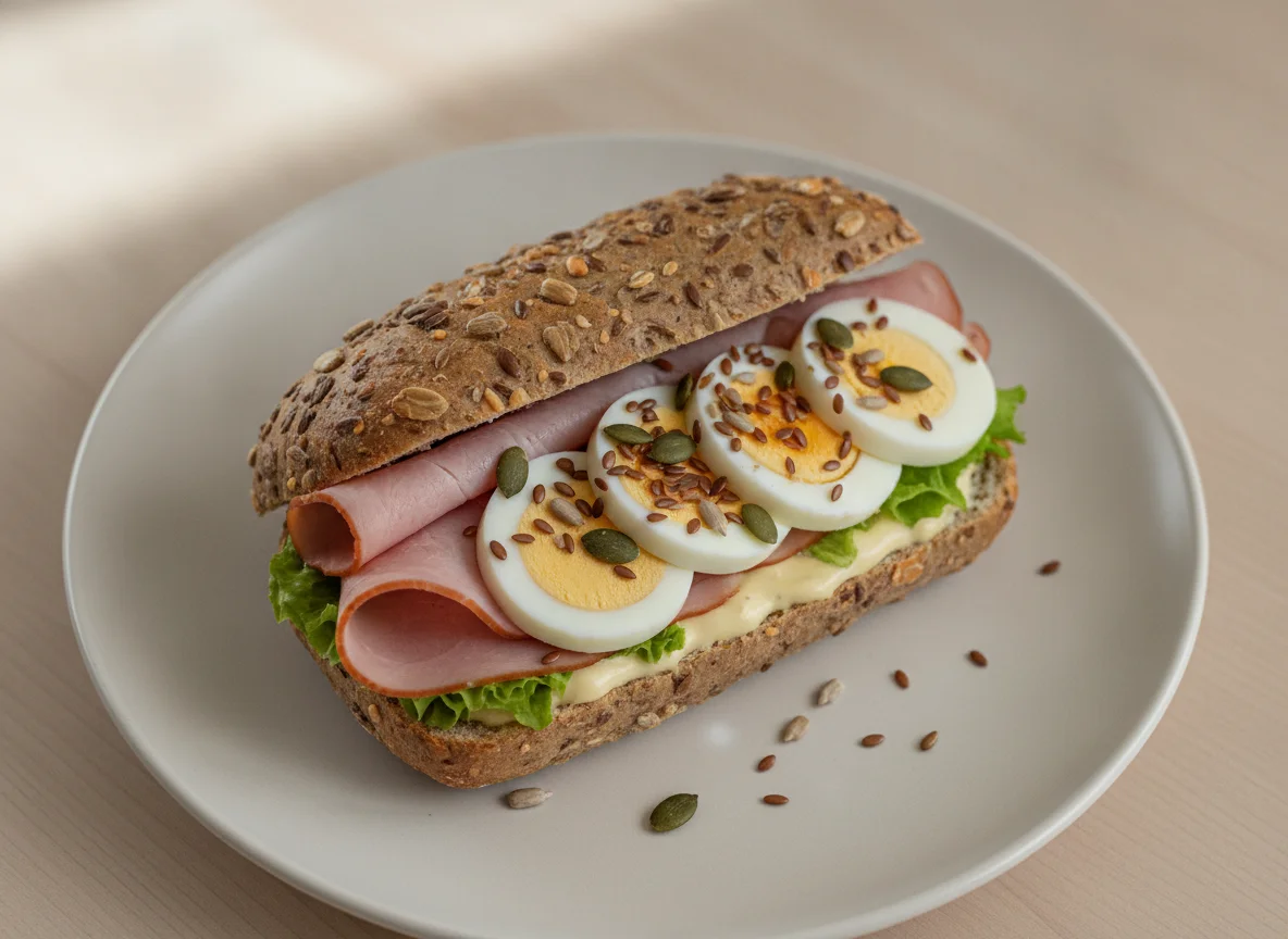 Belegtes Mehrkornbrötchen mit Schinken und Ei photo