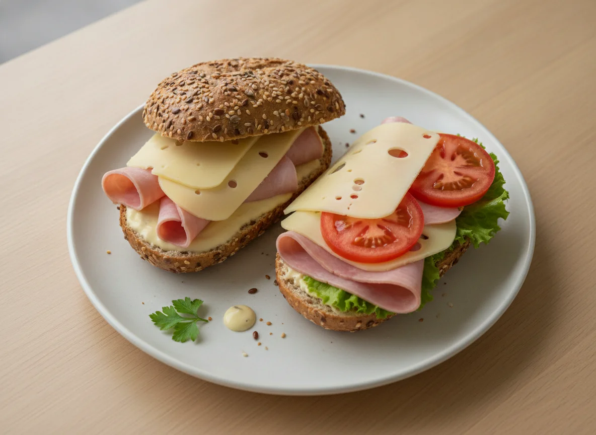 Belegtes Mehrkornbrötchen mit Schinken und Käse photo
