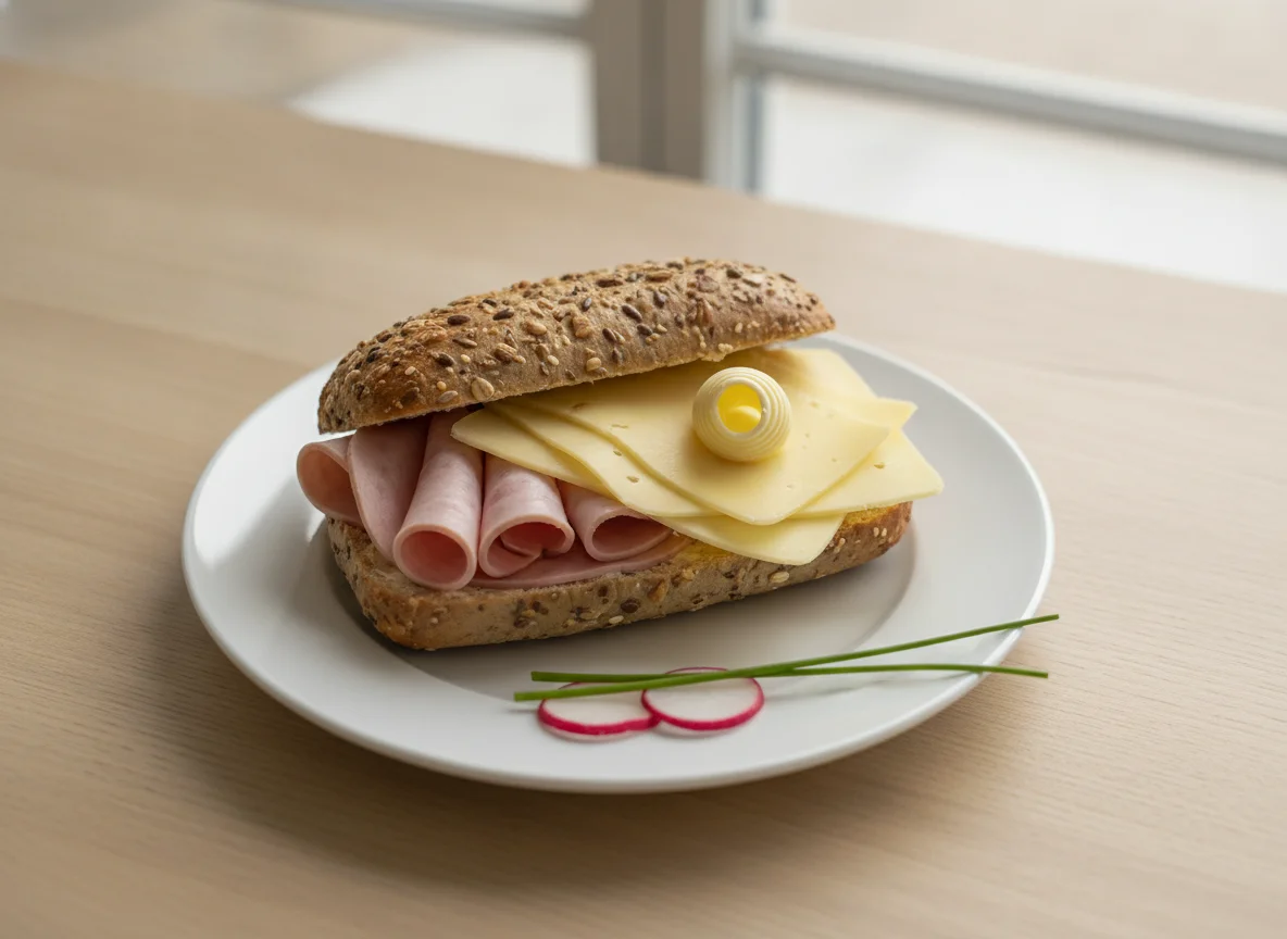 Belegtes Mehrkornbrötchen mit Wurst und Käse photo