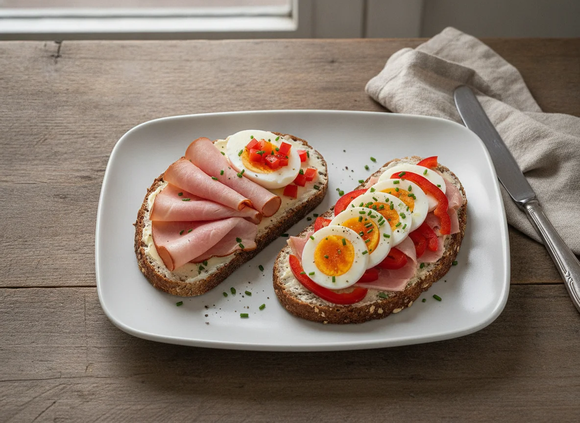 Belegtes Schwarzbrot mit Schinken, Ei und Paprika photo