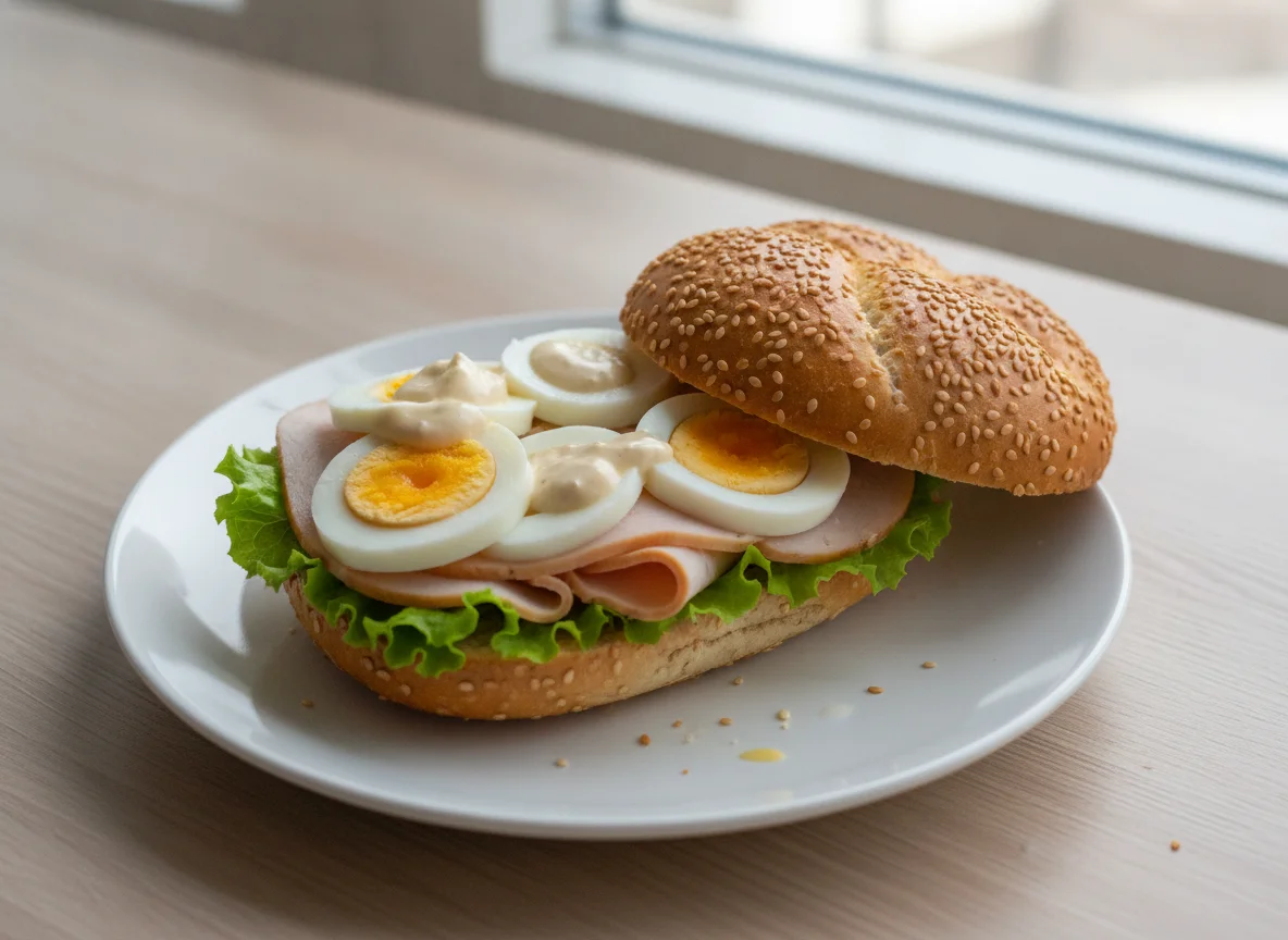 Belegtes Sesambrötchen mit Pute und Ei photo