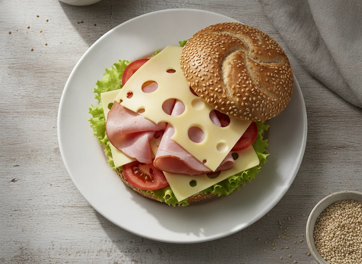 Belegtes Sesambrötchen mit Schinken und Käse photo