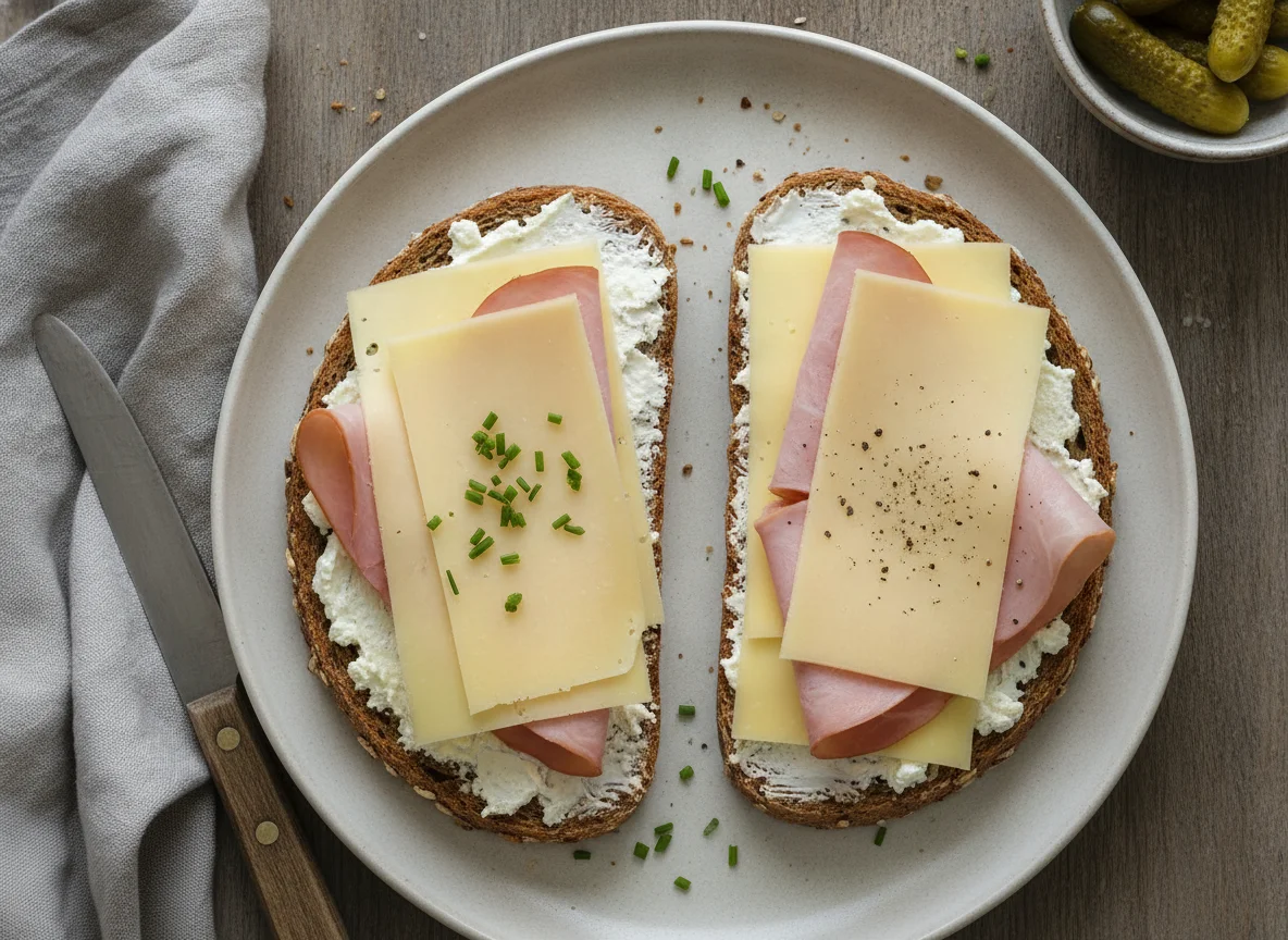 Belegtes Vollkornbrot mit Käse und Schinken photo