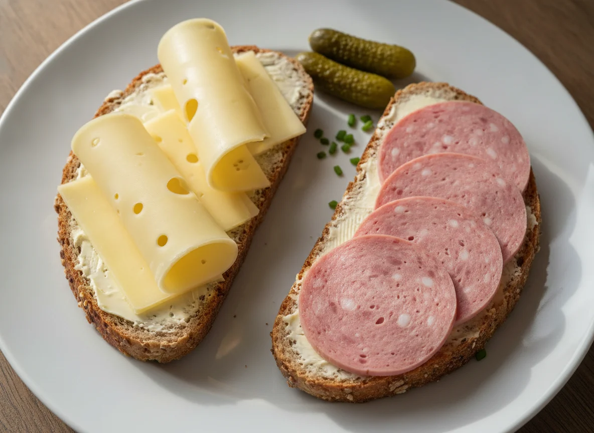 Belegtes Vollkornbrot mit Käse und Wurst photo