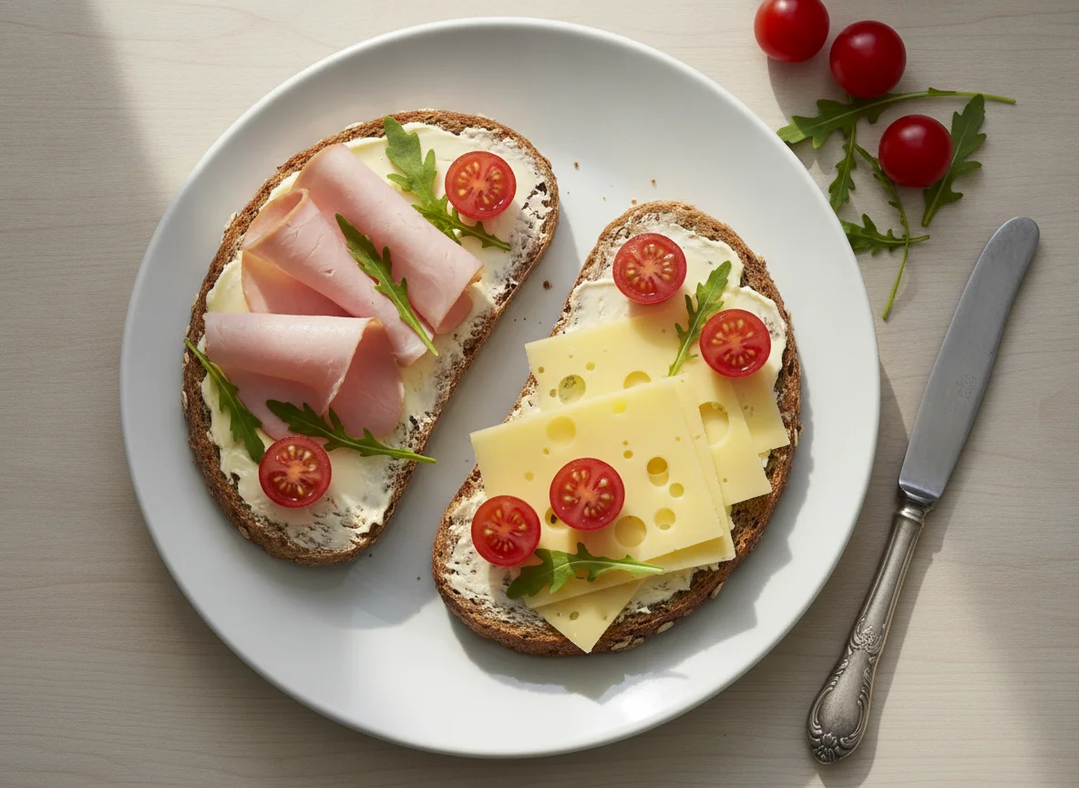 Belegtes Vollkornbrot mit Schinken und Käse photo