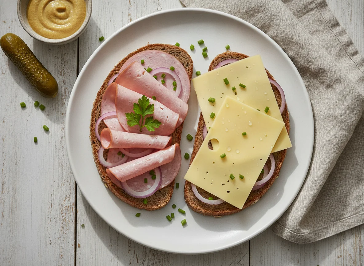 Belegtes Vollkornbrot mit Wurst und Käse photo