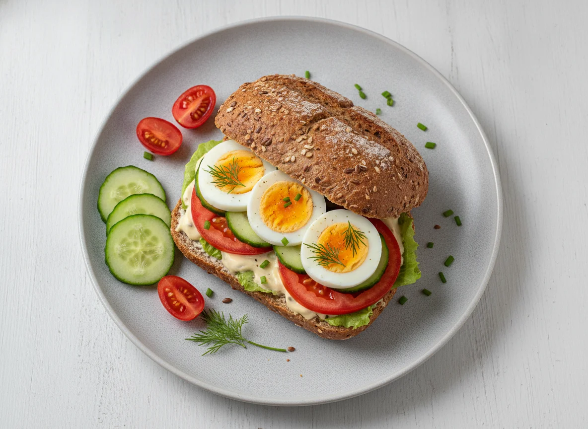 Belegtes Vollkornbrötchen mit Ei photo
