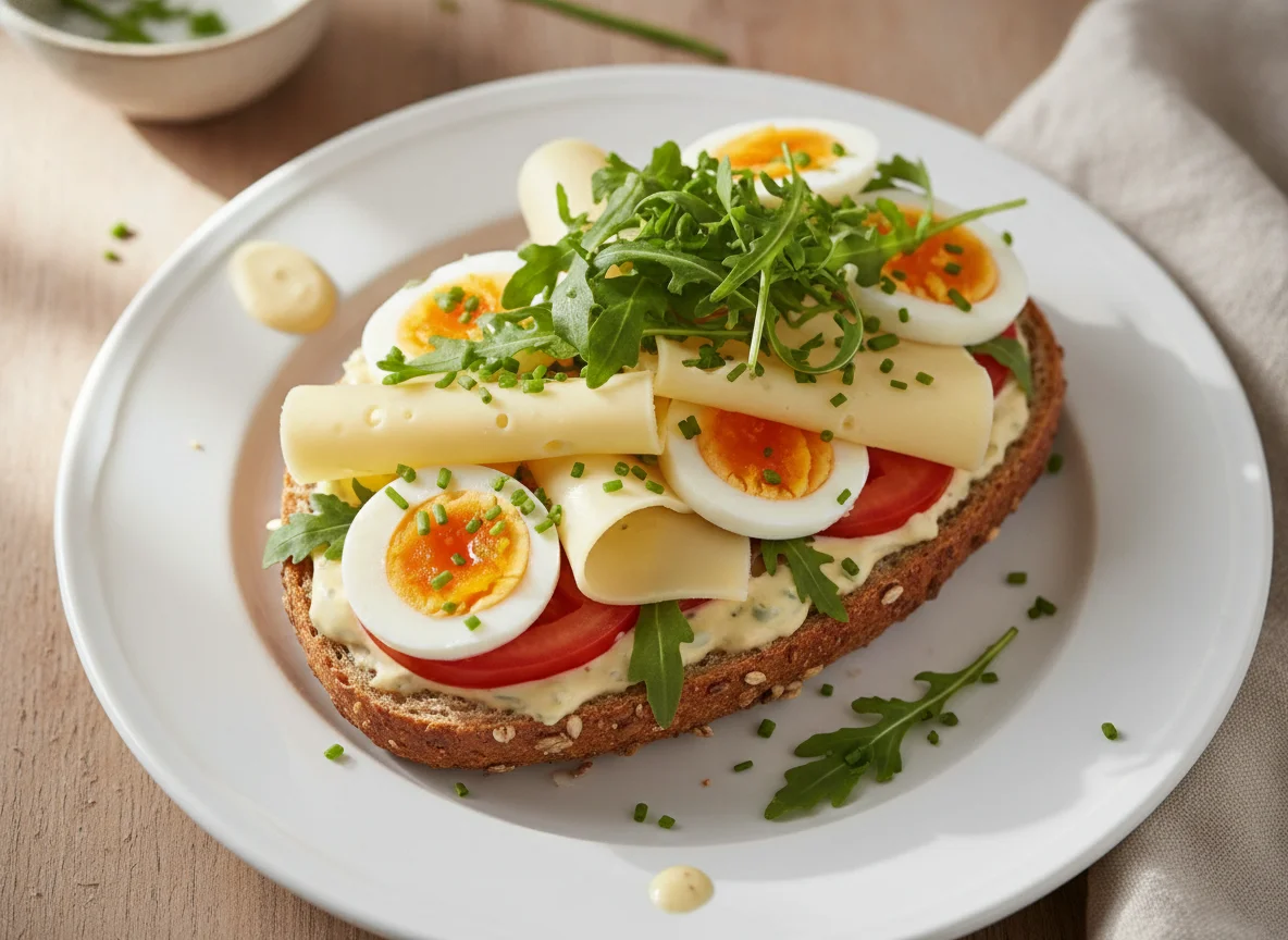 Belegtes Vollkornbrötchen mit Käse und Ei photo
