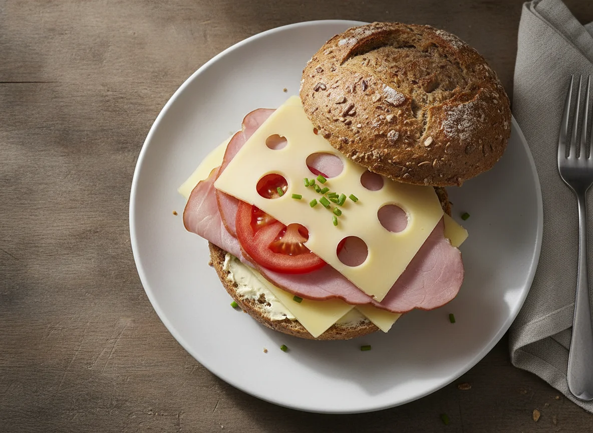 Belegtes Vollkornbrötchen mit Schinken und Käse photo