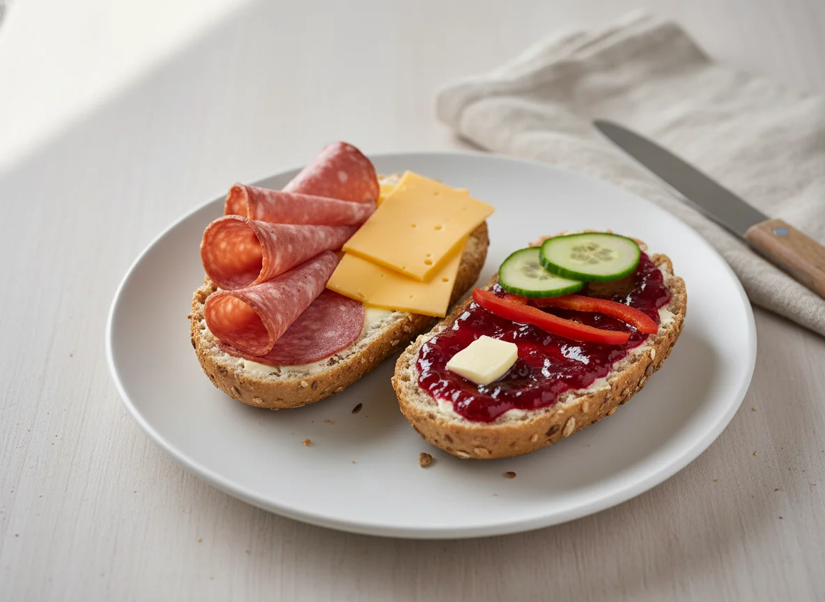 Belegtes Vollkornweckerl mit Salami, Käse und Marmelade photo