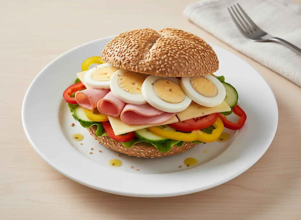 Belegtes Vollkornweckerl mit Schinken, Käse und Ei photo