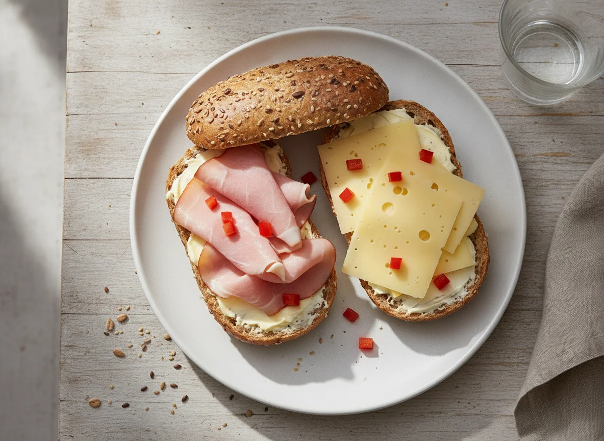 Belegtes Vollkornweckerl mit Schinken und Käse photo