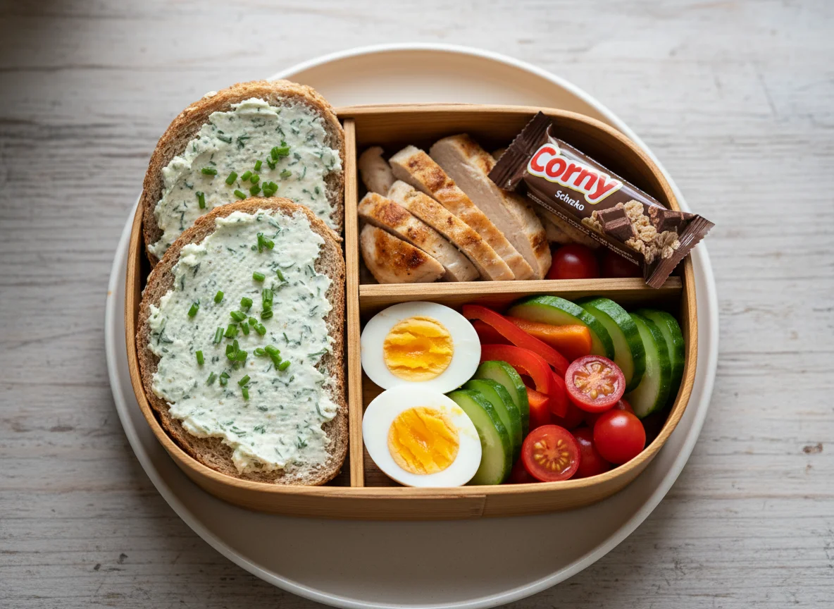 Bento Box mit Brot, Hähnchen, Ei und Gemüse photo