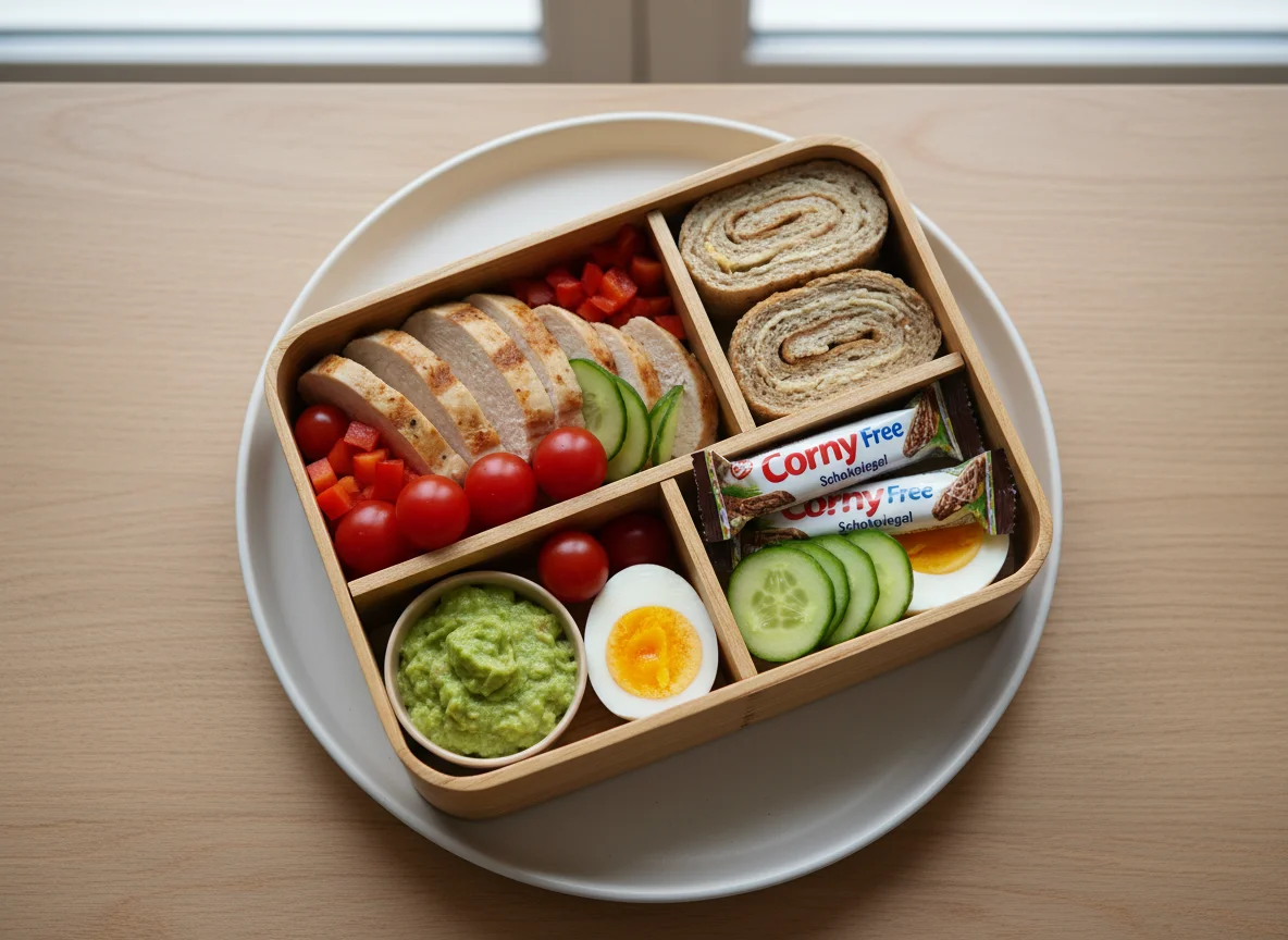 Bento Box mit Hähnchen, Brot und Gemüse photo