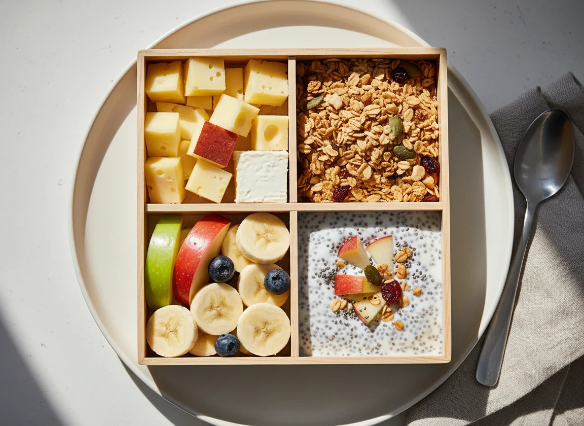 Bento Box mit Käse, Müsli, Obst und Chia-Joghurt photo