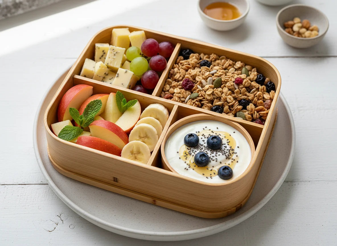 Bento Box mit Käse, Müsli, Obst und Skyr mit Chiasamen photo