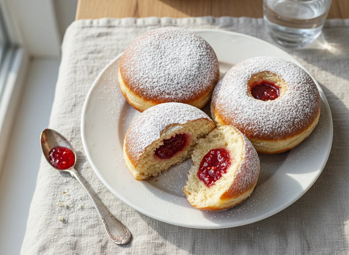 Berliner mit Puderzucker und Füllung photo
