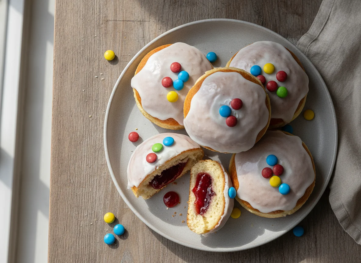 Berliner mit Zuckerguss und Schokolinsen photo