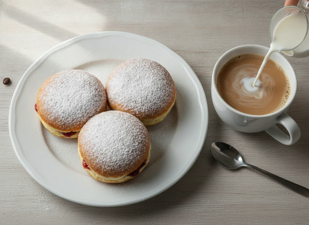 Berliner Pfannkuchen mit Milchkaffee photo