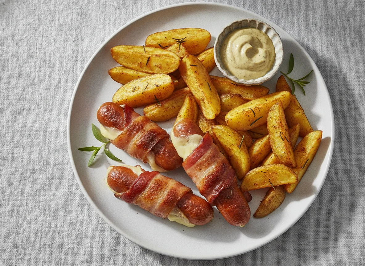 Berner Würstel mit Kartoffelspalten und Senf photo