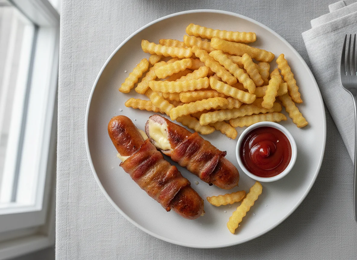 Berner Würstel mit Pommes und Ketchup photo