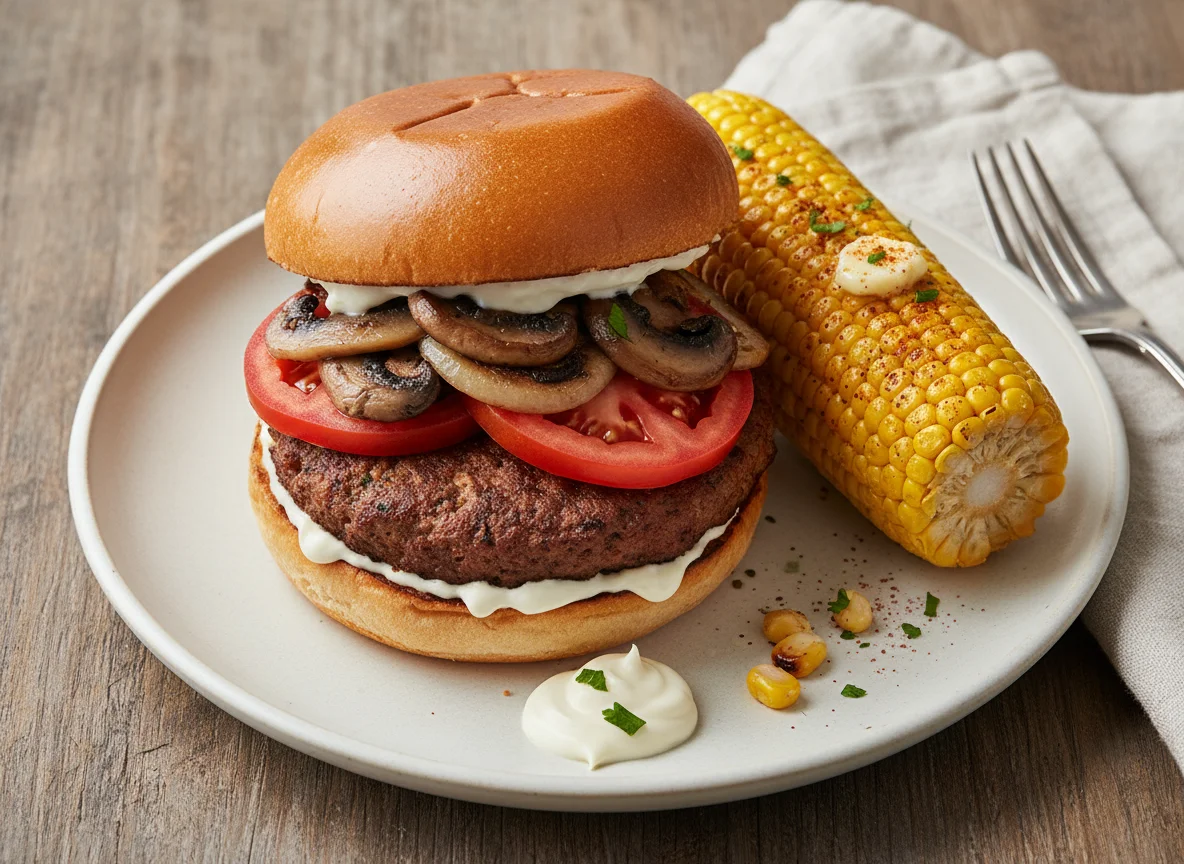 Beyond Meat Burger mit Maiskolben photo