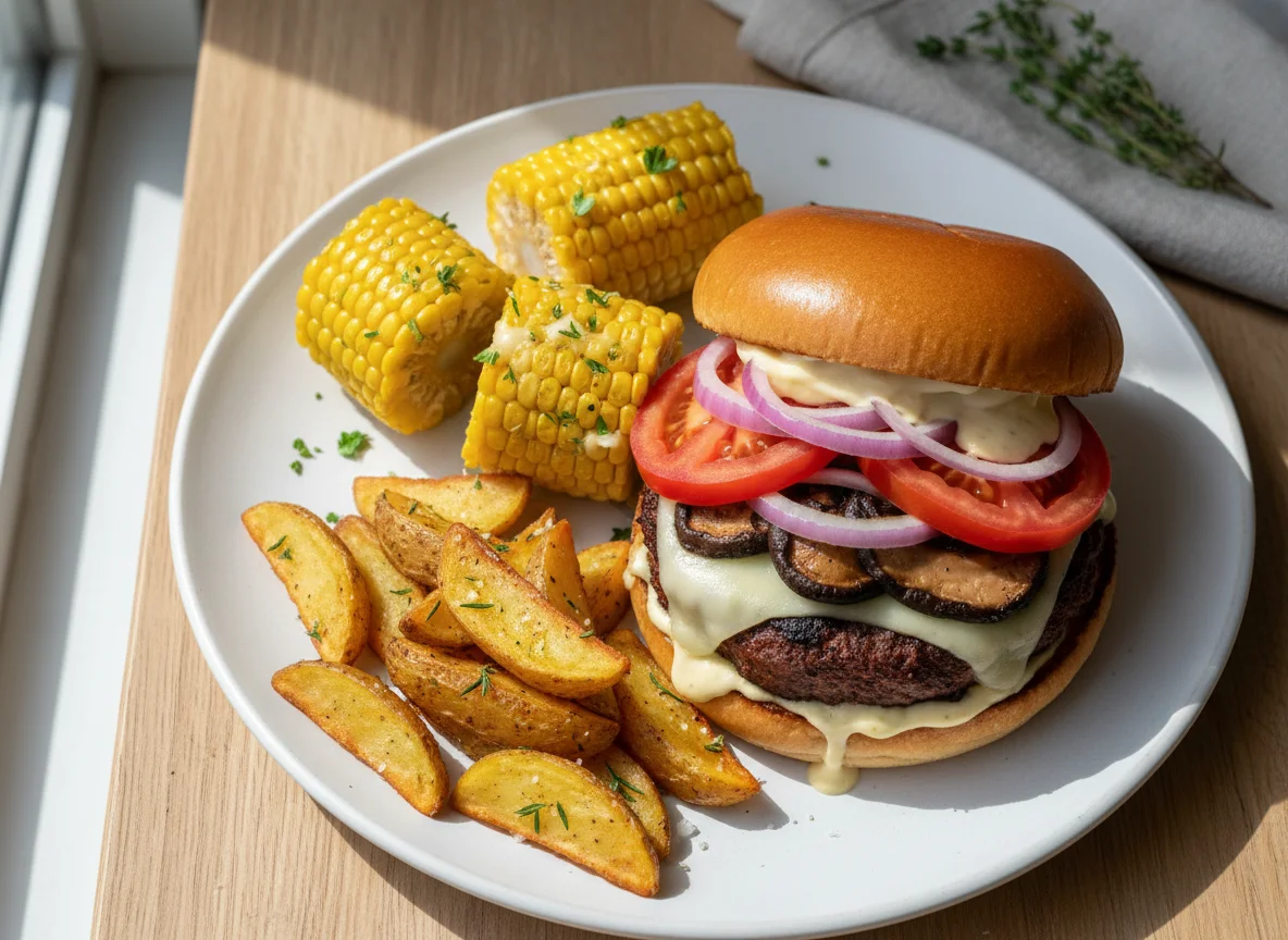 Beyond Meat Burger mit Maiskolben und Kartoffelspalten photo