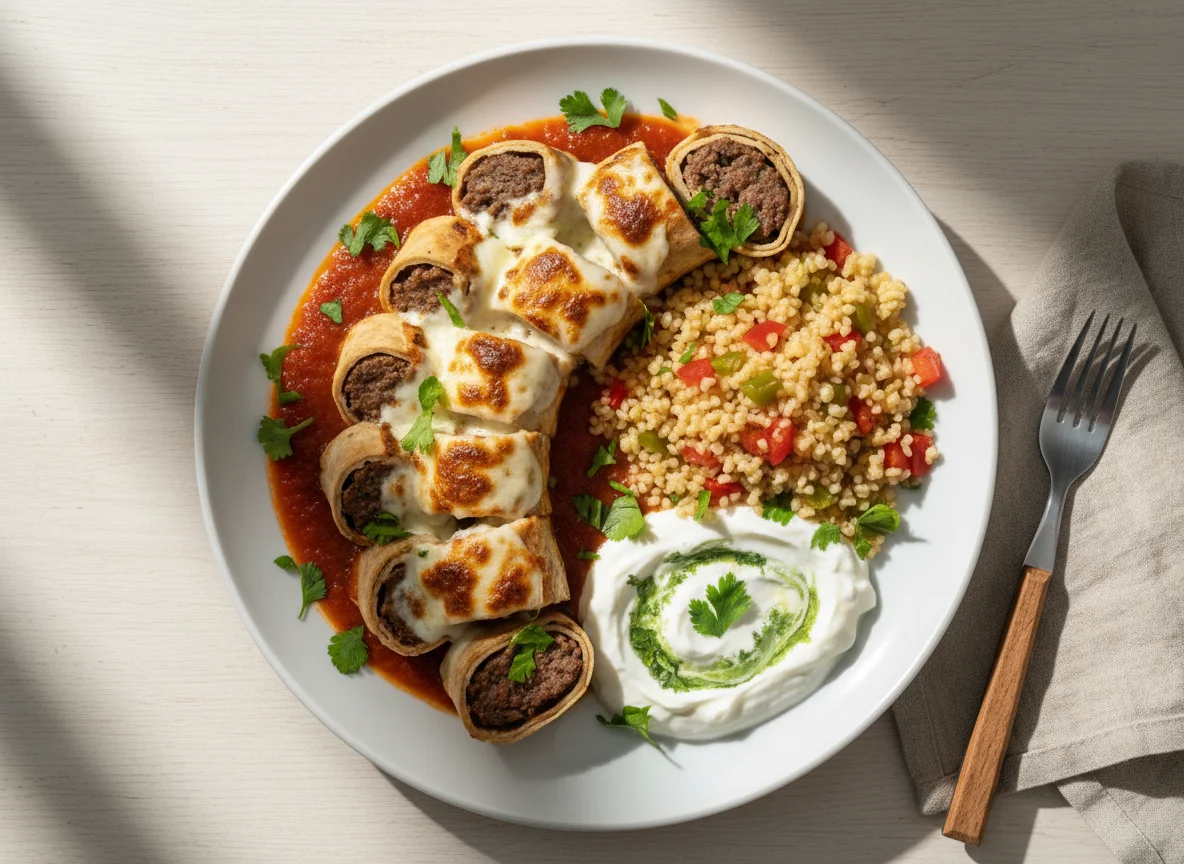Beyti Kebab mit Bulgur und Joghurtsoße photo