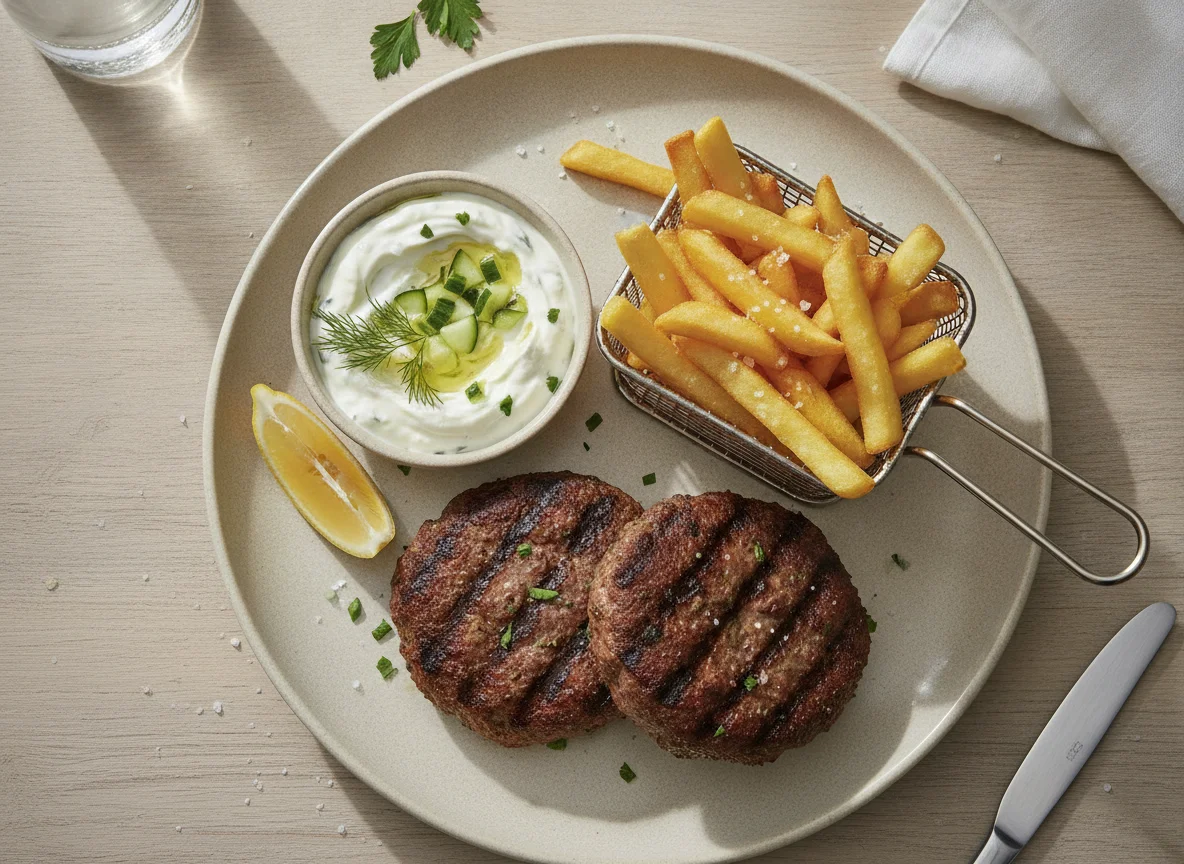 Bifteki mit Pommes und Tzatziki photo