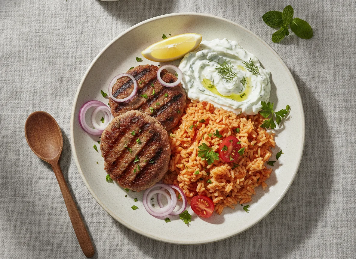 Bifteki mit Tomatenreis und Tzatziki photo