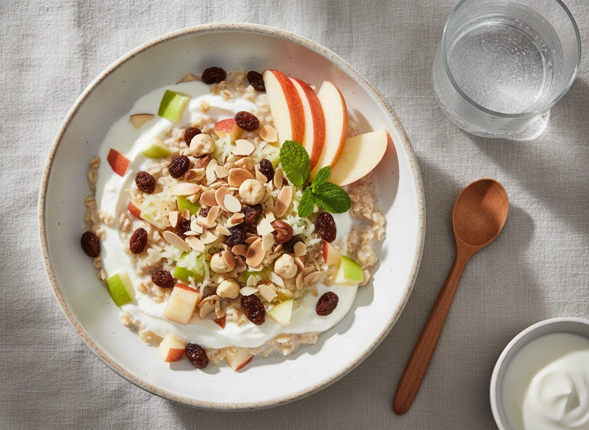Bircher Müsli mit Apfel und Nüssen photo