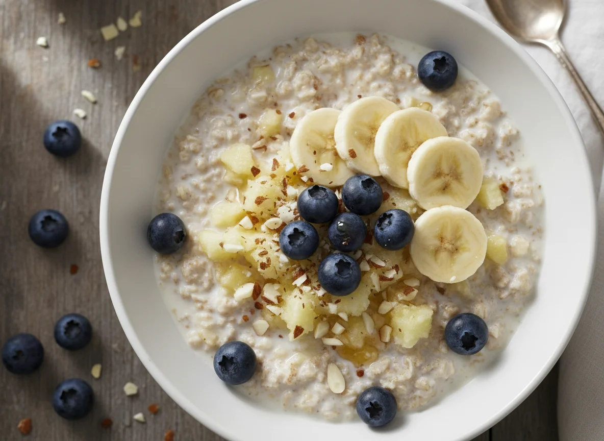 Bircher Müsli mit Banane und Blaubeeren photo