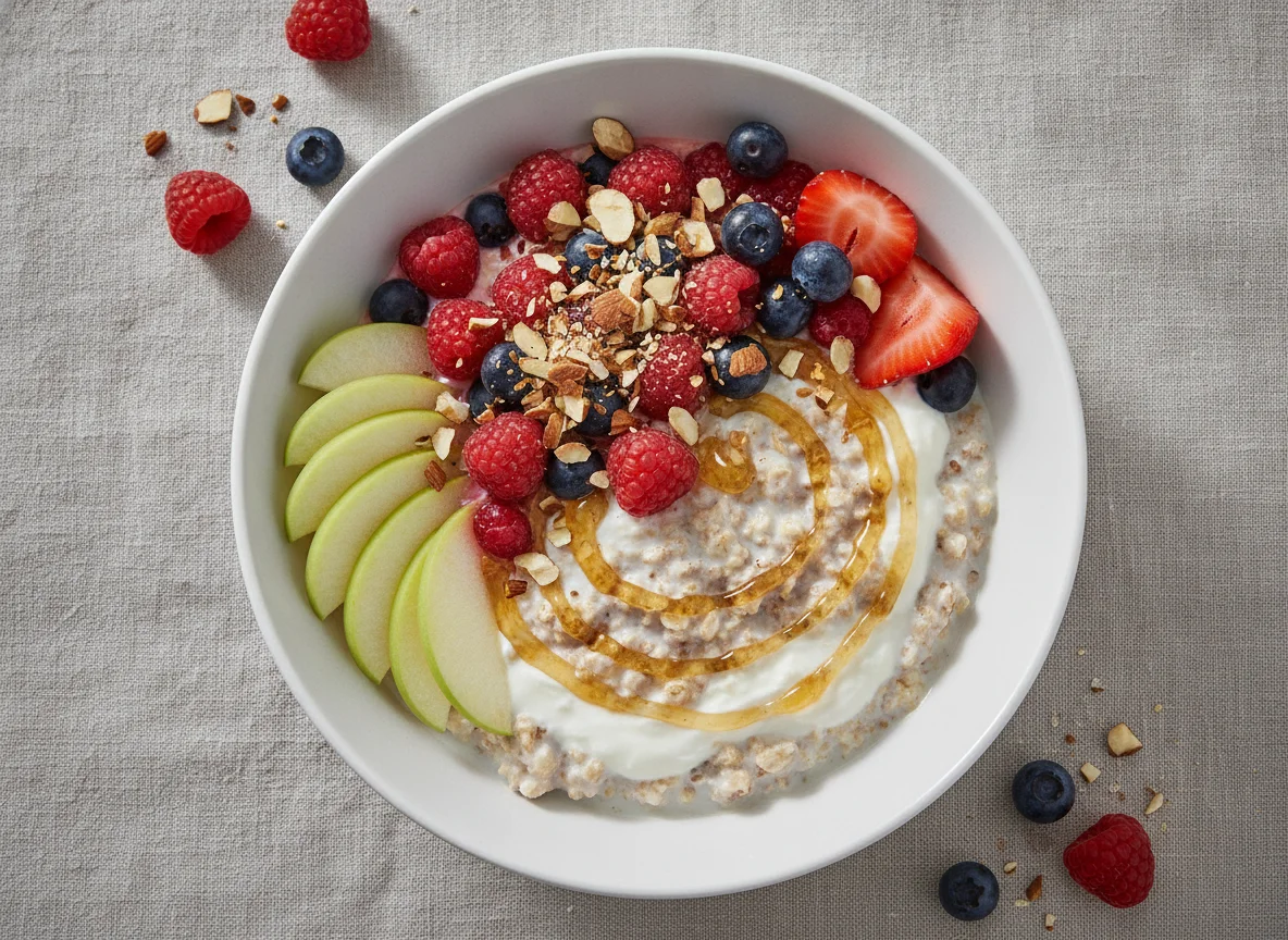 Birchermüsli mit Beeren und Mandeln photo