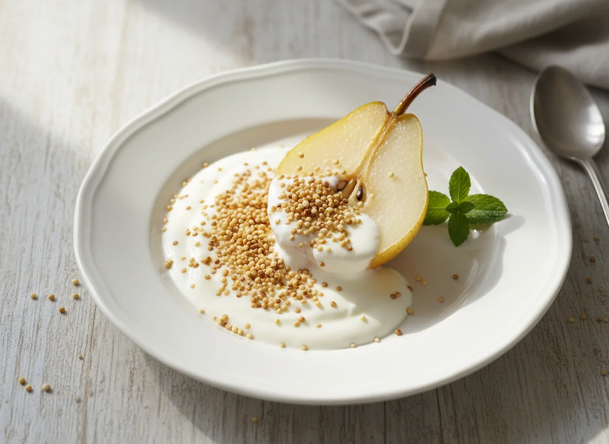 Birne mit gepufftem Amaranth und Joghurt photo