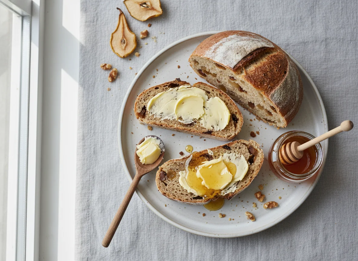 Birnenbrot mit Butter und Honig photo
