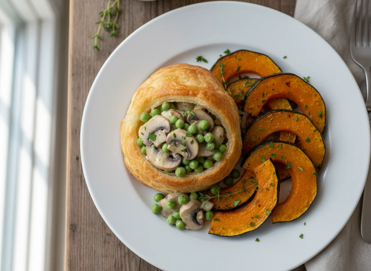 Blätterteigpastete mit Erbsen-Pilz-Ragout und Kürbisspalten photo