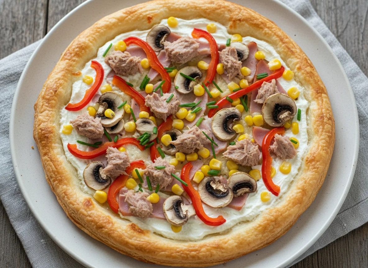 Blätterteig-Pizza mit Thunfisch und Schinken photo