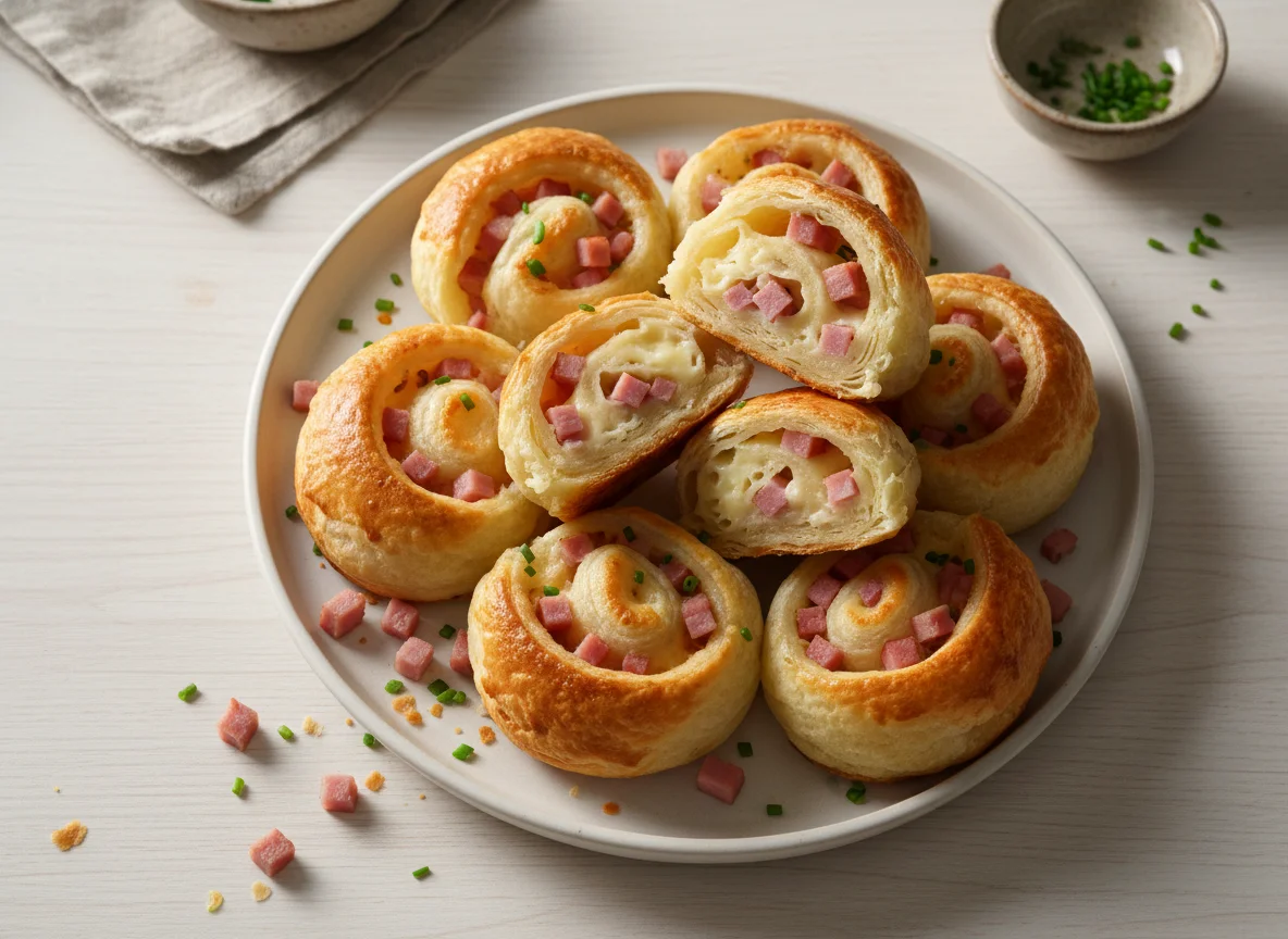 Blätterteigröllchen mit Käse-Schinken-Füllung photo