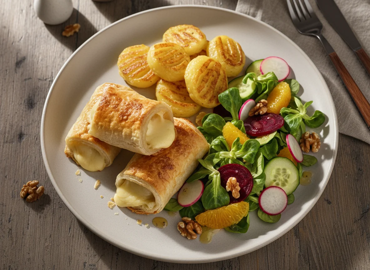 Blätterteigröllchen mit Salat und Herzoginkartoffeln photo