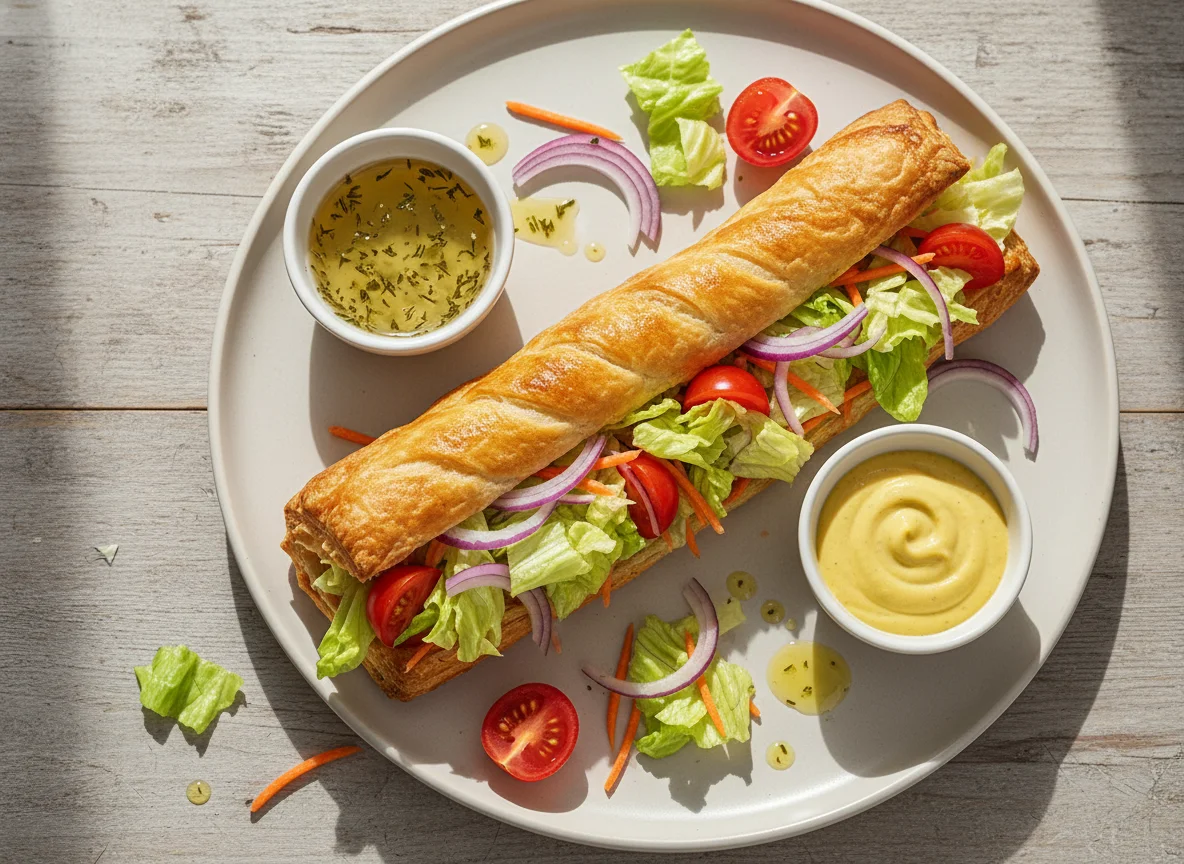 Blätterteigstange mit Salat photo