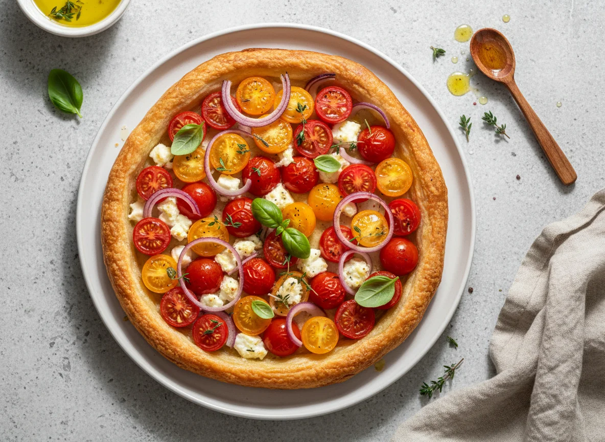 Blätterteig-Tarte mit Tomaten, Zwiebeln und Feta photo