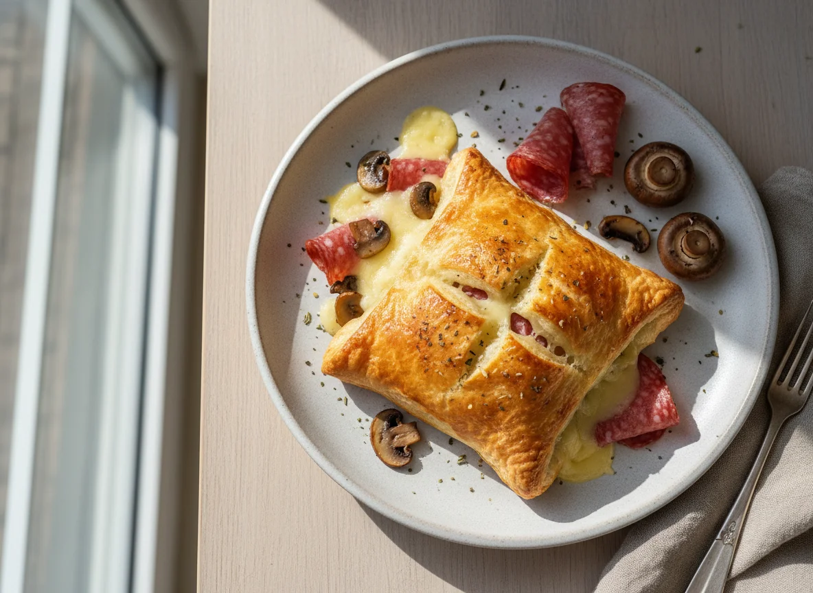 Blätterteigtasche mit Salami, Pilzen und Käse photo