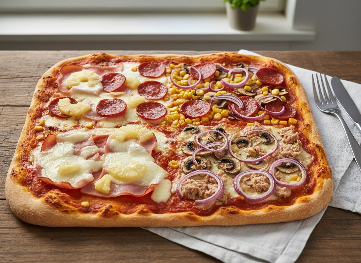 Blechpizza mit verschiedenen Belägen photo
